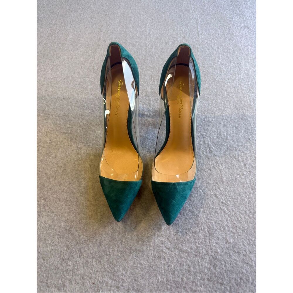Gianvito Rossi teal green suede Plexi pounted toe pumps 9.5